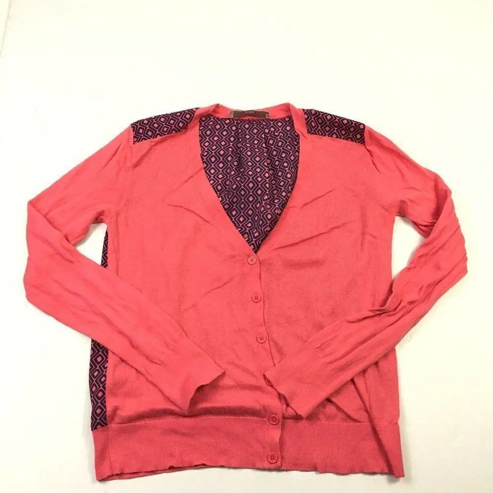 LOFT Womens Cardigan Pink Blue Print Long Sleeve V-Neck Knit Sweater S Small